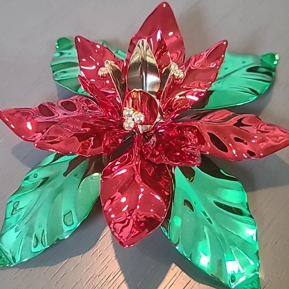 Department 56 Red and Green Poinsettia Metal Candle Holder